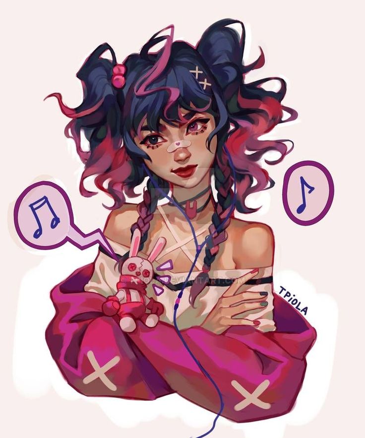a smiling anime girl with bright pink and red hair wearing a white tank top, a pink jacket and a matching headband listening to music through headphones with a pink plush bunny in her hand.  she is looking slightly to the left of the image and she has a sweet smile on her face.  the background is white.