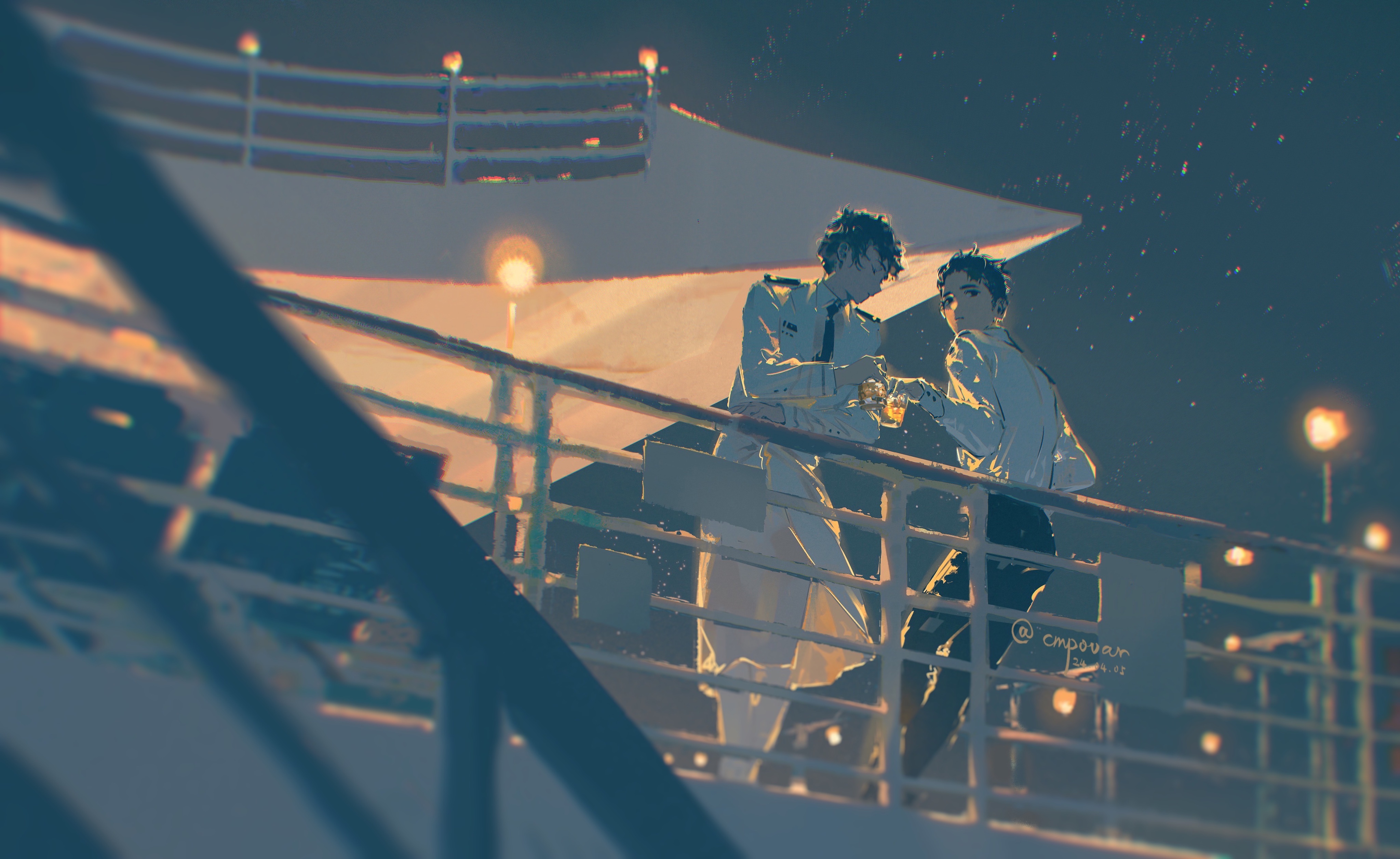 two men stand on the deck of a cruise ship at night, enjoying drinks and each other's company. the warm glow of the ship's lights illuminates them against the dark backdrop of the sea and the starry sky.  the low angle of the image emphasizes the height of the ship and the vastness of the surroundings. the overall mood is romantic and celebratory.