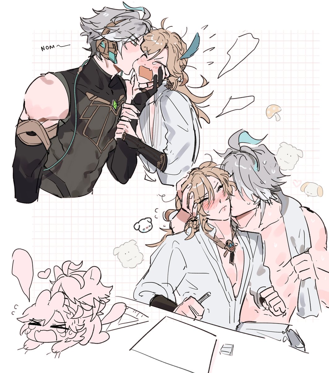 this is a handdrawn digital illustration of two anime boys. the top panel shows two boys kissing, and the bottom panel shows two boys hugging and drawing together. the artwork is very detailed and expressive.