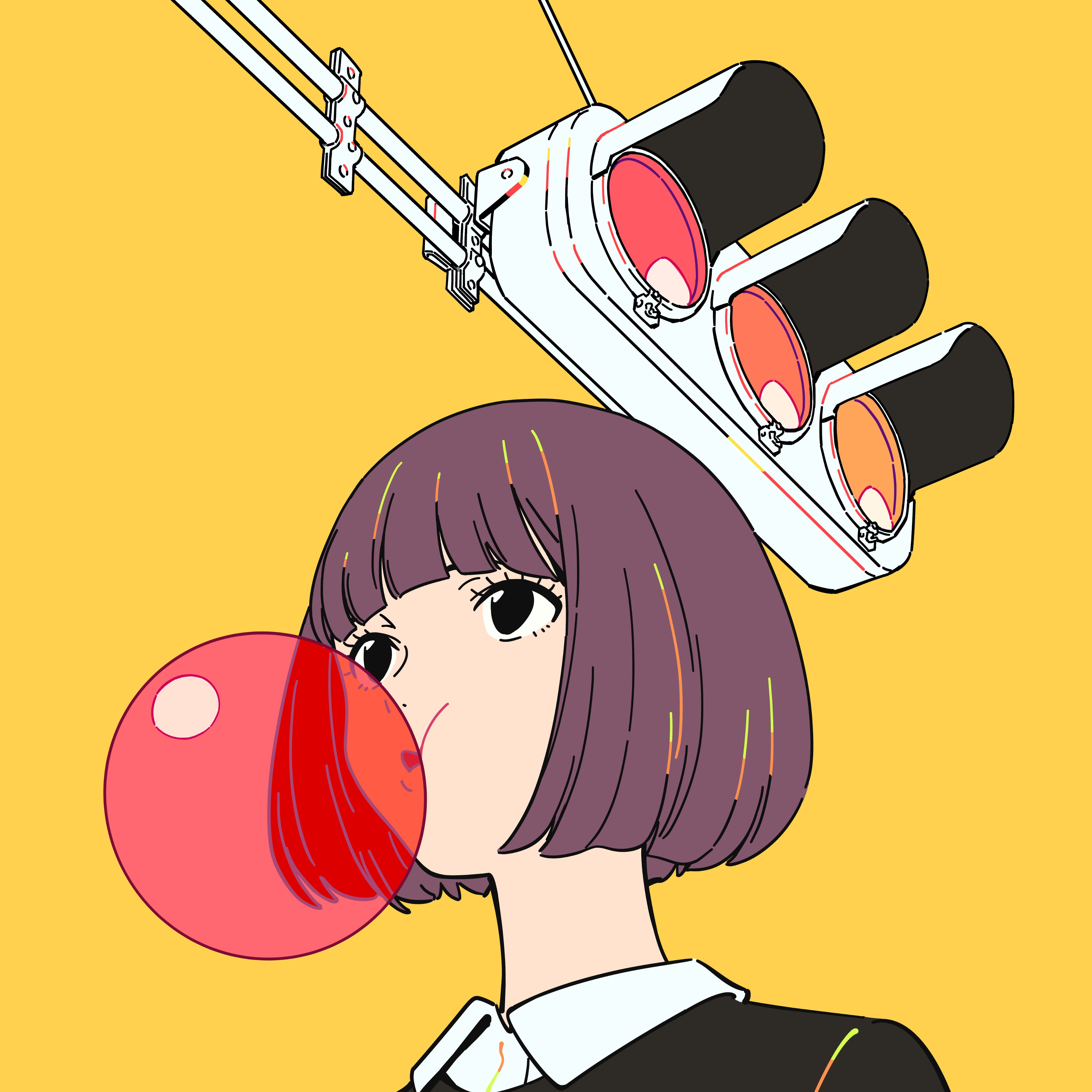 he image is a vibrant illustration featuring an animestyle girl with short purple hair. she is blowing a large pink bubble of bubblegum. above her head, a traffic light is positioned as if it's a hat or accessory. the background is a solid, bright yellow. the style is minimalist yet highly stylized, with bold colors and clean lines. the overall feel is modern and playful, blending elements of pop art and anime aesthetics.