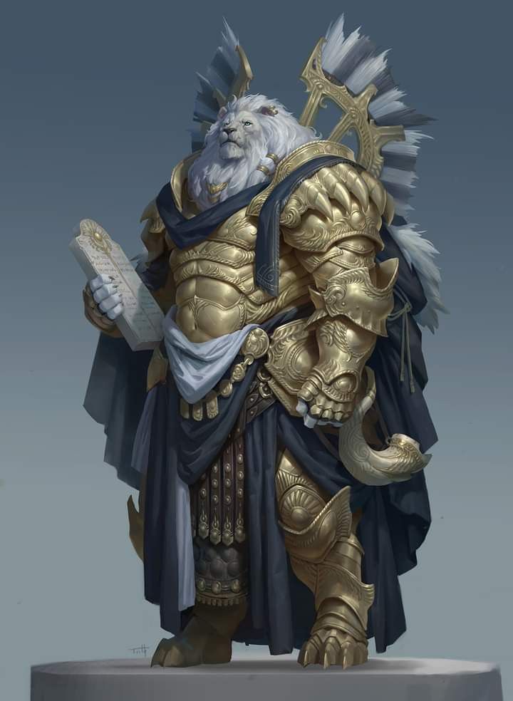 an anthropomorphic lion warrior stands on a pedestal, clad in ornate golden armor with white fur. he holds a stone tablet and wields a golden sword and shield.  the warrior's expression is noble, his posture powerful, and his attire is ornate, suggesting he is a highranking individual in a fantastical world.  the artwork is intricate and detailed, with a sense of majesty and power radiating from the warrior.