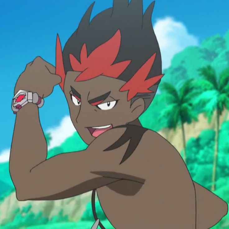 this is a cartoon image of a strong anime character with red and black hair. he is smiling and flexing his bicep, while looking confidently to the side. the image features a tropical background with green palm trees and blue sky.