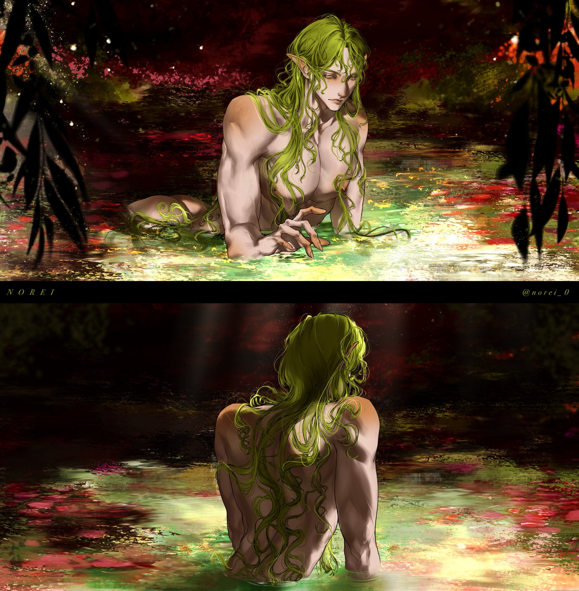 the image is a digital painting depicting a muscular male elf character with long, vibrant green hair. he's shown in two separate poses, both submerged partially in a mystical, colorful swamp or body of water.  the water glows with iridescent hues of red, green, and gold, creating a surreal and otherworldly atmosphere. in the first image, the elf is facing forward, partially submerged and gazing at the viewer with an intense expression. the second image shows him from behind, relaxing in the water, with his back to the viewer. the overall style is fantasythemed, with a focus on atmosphere and detail in the character's physique and the environment. the background is dark and moody, contrasting with the luminous colors of the water. the artist's signature (norei) is visible in the image.