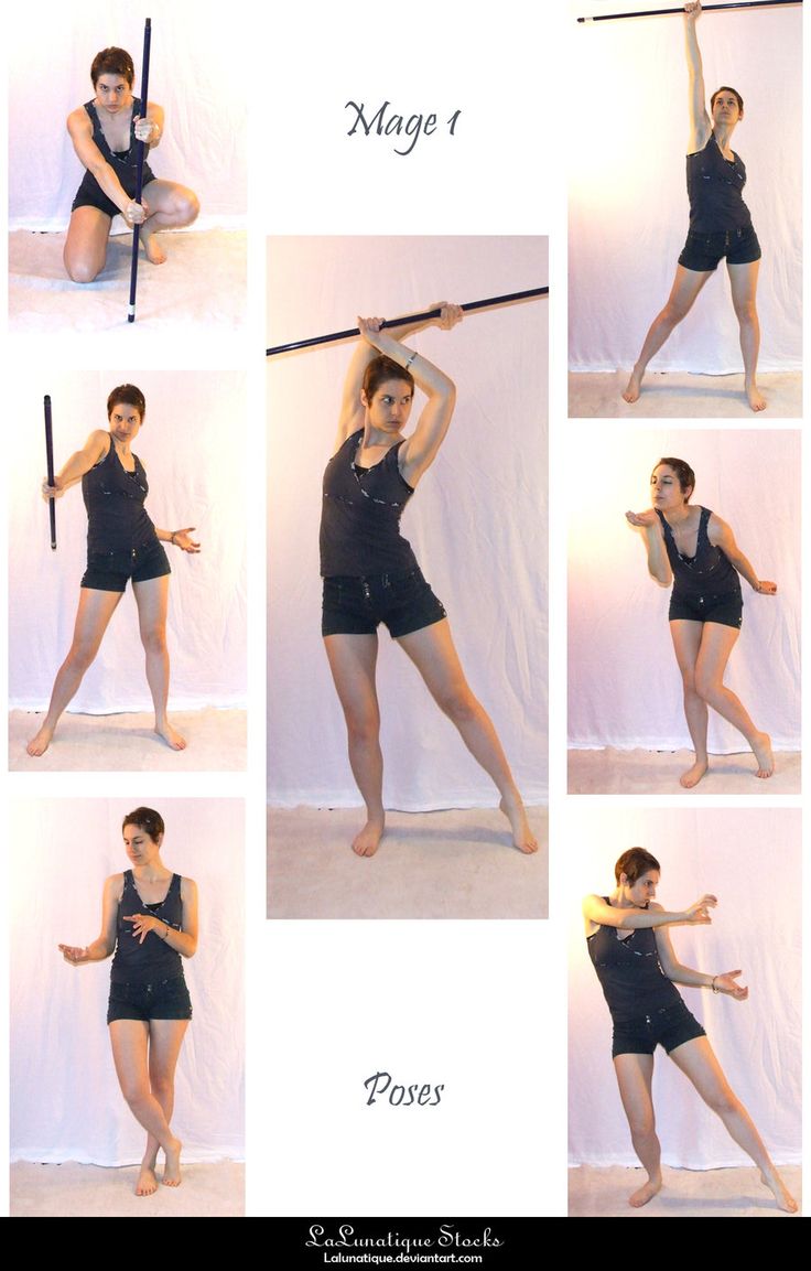 this image is a reference photo of a woman posing as a mage. she is wearing a black tank top and shorts and holding a staff. the image is broken into six panels, each showing a different pose of the model. the image is labelled "mage 1" and "poses".
