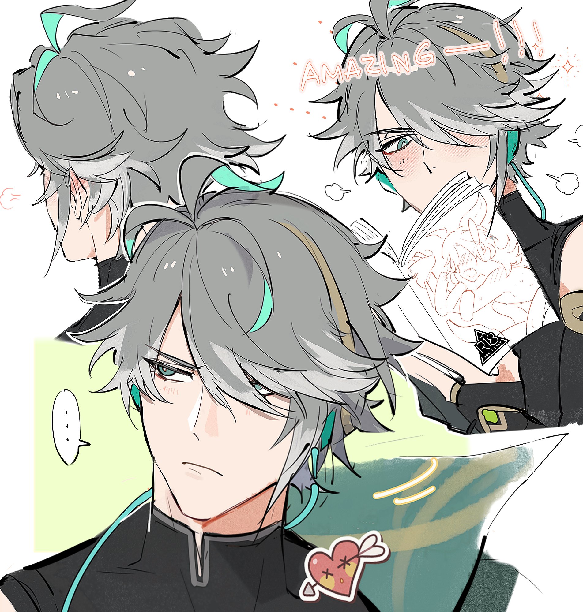 the image is a cartoon illustration of an anime character. there are three different perspectives of him in the image. in the first, he's looking to the left with a serious expression. in the second he is holding a sketch book and looking at the viewer with a surprised and happy expression. in the third, he is looking to the left and is blushing and happy.  all three perspectives are of him wearing headphones with green accents and have grey hair. the background of the image is light green with white accents.