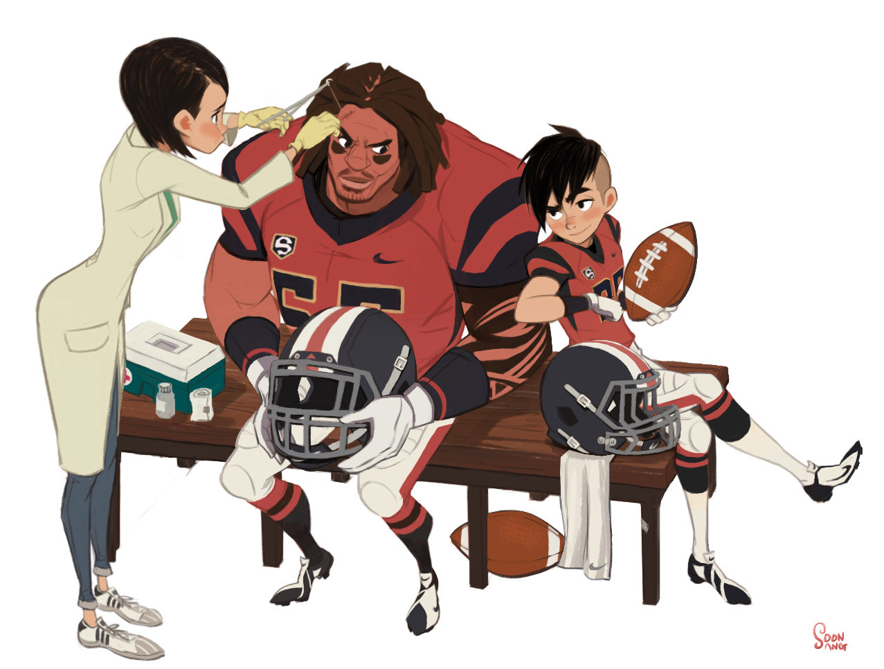 the illustration depicts a scene in a locker room. a female doctor, dressed in a white lab coat, is attending to a large football player. she appears to be stitching a cut on his forehead. the player, wearing a red and white uniform with the number 55, sits patiently with a concerned expression. next to him, another football player in the same uniform but with the number 17 strikes a relaxed pose, holding a football. the scene suggests a moment of care and camaraderie within a sports team. the locker room setting is hinted at by the wooden bench they are sitting on, a towel casually thrown on it, and the presence of a medical kit on the bench.