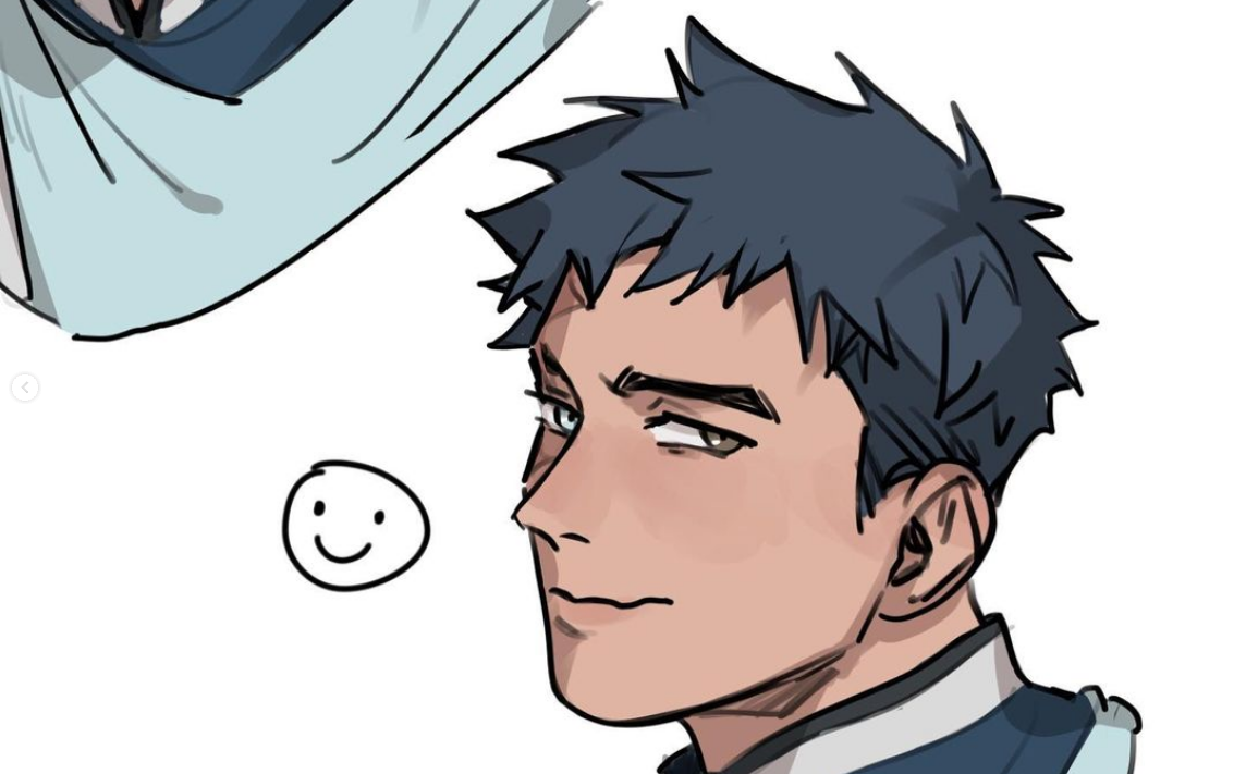 a digital sketch of a man with short, dark hair and a smirk on his face. he is wearing a white collared shirt and a dark blue jacket. the background is white, and there is a small smiley face drawn near the man's head. the lighting is soft, and the image is drawn in a manga or anime style.