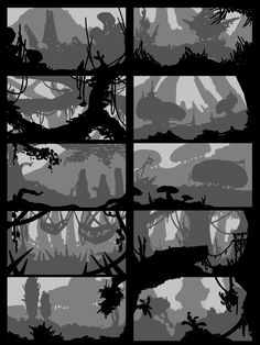 the image showcases eight distinct grayscale concept art pieces, likely thumbnails or early explorations for an environment design project. each piece depicts a scene set on what appears to be an alien planet or a fantastical world. lush, junglelike vegetation dominates the foregrounds, while the backgrounds hint at grand, possibly ruined, structures. the consistent use of silhouettes emphasizes shape and composition, suggesting a focus on mood and atmosphere rather than detail. the overall ambiance evokes a sense of mystery and exploration, characteristic of science fiction or fantasy settings.
