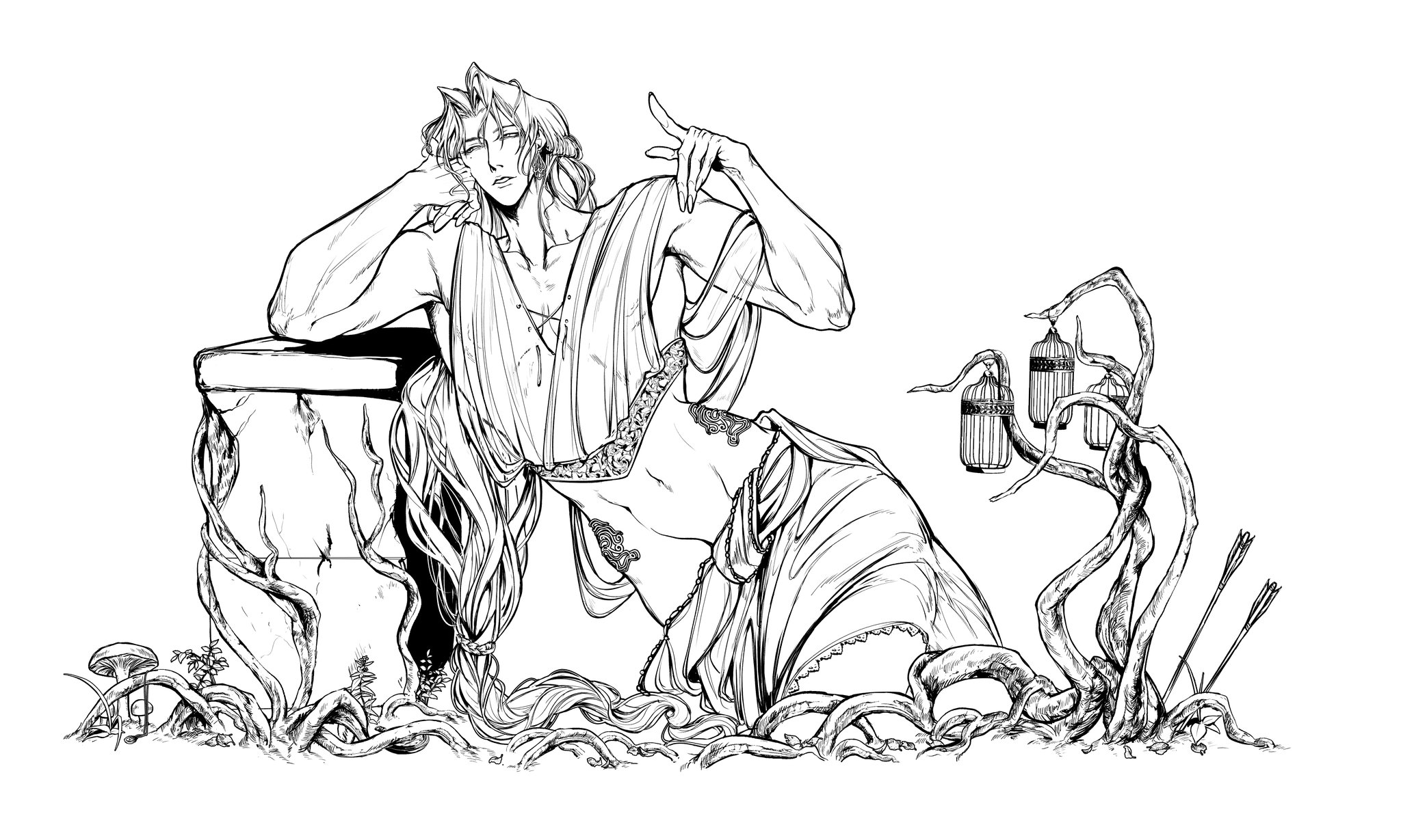 this is an intricate black and white illustration of a woman with flowing hair and an ornate dress. she appears to be sitting upon a stone, or perhaps a ruined structure, surrounded by gnarled branches of a tree which feature decorative cages. the woman's clothing has intricate details, and she wears a pendant around her neck.  the overall tone of the illustration is whimsical and magical.