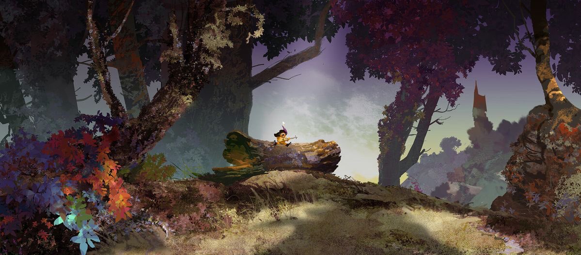 a young boy with a pointed hat sits atop a fallen log in a forest. he gazes towards a distant castle bathed in the warm light of the setting sun. the scene is painted in a painterly style with an emphasis on atmosphere and color. the forest is alive with vibrant hues of orange, purple, and green.