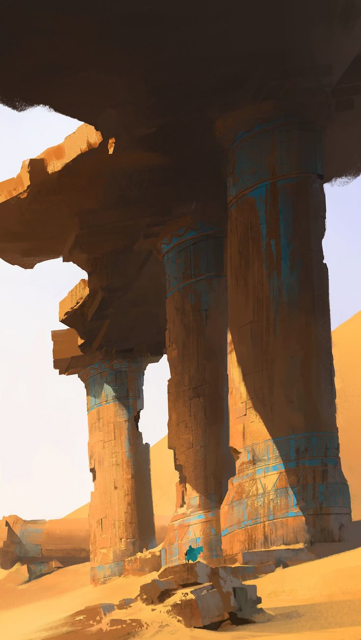 the image depicts a landscape of ancient ruins in a desert setting. the ruins consist of large columns and architectural fragments scattered across the sandy terrain. sunlight casts shadows, creating a contrast between light and dark areas. there are blue accents on some of the ruins. a small figure stands amidst the ruins, emphasizing the scale of the structures. the style appears to be that of a painting or illustration.