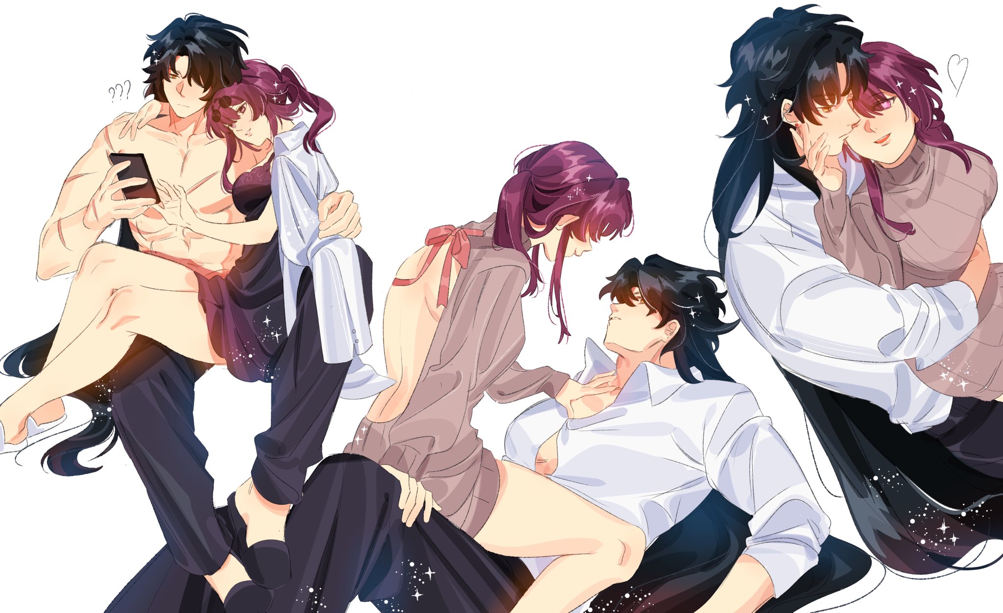 the image depicts a vibrant and sweet animestyle illustration of four individuals engaged in various displays of affection and romantic gestures. the central focus is on three couples: a man with black hair and a woman with pink hair in a dark outfit, another man with black hair and a woman with brown hair in a light brown outfit, and a man with black hair and a woman with purple hair in a brown outfit.  each couple is drawn with expressive features and charming poses, capturing the essence of love and intimacy in a whimsical and delightful manner. the overall composition exudes a sense of joy and warm feelings, creating a captivating and visually appealing scene that speaks to the beauty of love and connection.