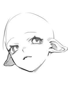 a black and white, slightly angled, line art drawing of a youthful face with large, pointed elf ears.  the drawing appears to be a work in progress.