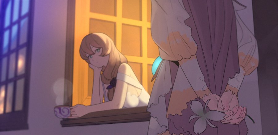an illustration of genshin impact characters jean and lisa. jean, a blondehaired woman in a white dress, gazes worriedly out of a window with a mug in hand. lisa, a brownhaired woman with a flower, is partially visible in the foreground. the warm sunset lighting creates a comforting yet melancholic atmosphere.