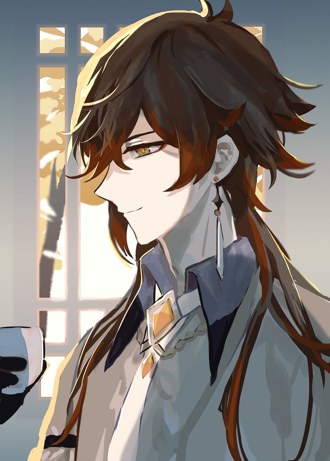 this is a digital illustration of an anime boy with brown hair and white streaks in it, wearing a white shirt and gray jacket. he is smiling and looking away from the viewer, holding a cup of tea or coffee in his hand. the background is a window with a blurry view. he is wearing a gold earring and a gold necklace. his hair is flowing in the wind. his eye is a bright green.