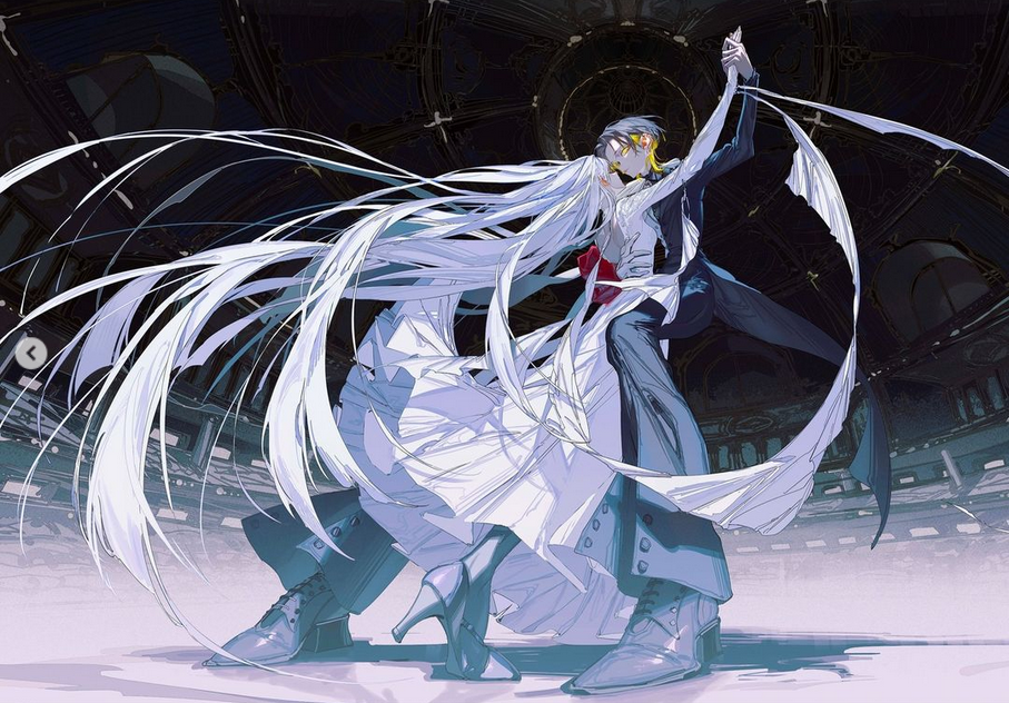 a man and a woman in formal attire are depicted in a dynamic waltz. the woman, with long flowing white hair and a white dress, is swept up in the dance as the man, in a black and white suit, leads with a confident posture. their movements create a sense of motion, emphasized by the swirling fabric of the woman's dress. the setting appears to be a grand, ornate ballroom with a dark and dramatic atmosphere, illuminated by what seems to be a spotlight, casting an ethereal glow on the dancing couple. the low angle perspective adds to the grandeur and emphasizes the upward flow of the composition.