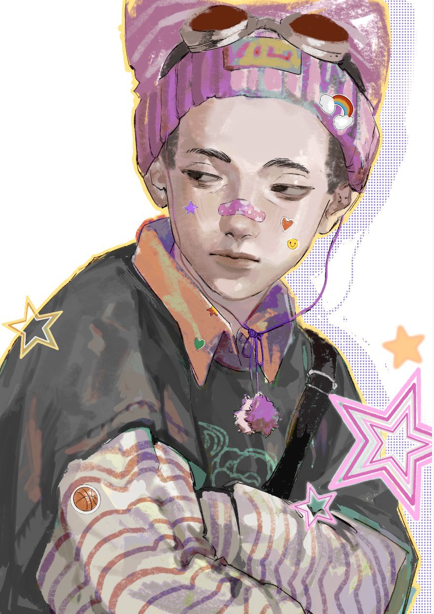 this is a stylized digital illustration of a young man. he's wearing a vibrant outfit, featuring a pink beanie with goggles, a black shirt layered with a colorful striped longsleeved shirt, and a black sling bag. the illustration style is loose and painterly, incorporating bright colors and playful elements like stars and stickers.