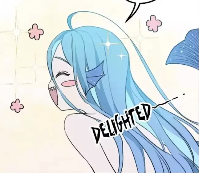 the image is a cartoon illustration from a manga or anime style comic. it depicts a cute, light bluehaired mermaid girl with a cheerful expression. she has a fishlike tail and is shown from the shoulders up.  the word "delighted" is written in a stylized font near her back, indicating her joyful state.  the background is light and features sparkles and small flower shapes, adding to the overall whimsical and charming aesthetic.  a small speech bubble is partially visible in the upper right corner.