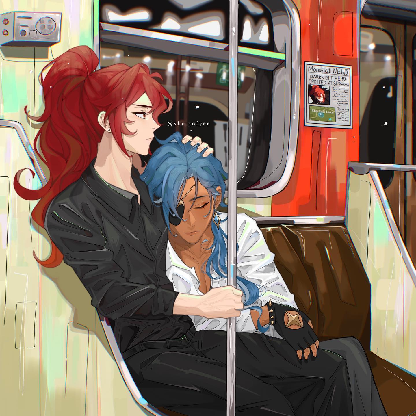 the image is a digital fanart depicting genshin impact characters kaeya alberich and diluc ragnvindr sitting close together on a public train. diluc, with his long red hair tied back, rests a hand on kaeya's shoulder. kaeya, with his signature blue hair and eyepatch, leans his head against diluc.  they appear affectionate and intimate.  a mondstadt newspaper clipping showing a headline about a "darknight hero" spotted at starsnatch cliff is visible on the train wall.  the style is animeinspired with a focus on detail in the characters' clothing, expressions, and the overall setting. the color palette is relatively muted, emphasizing the intimacy of the scene.