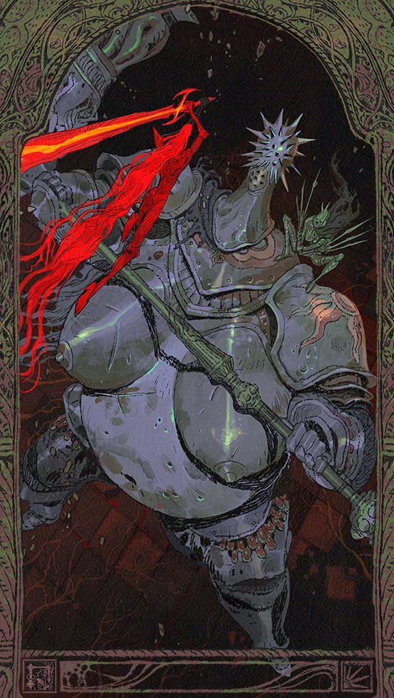a dark and grim illustration depicting a knight clad in heavy armor, wielding a sword and shield. the knight's helmet is adorned with a grotesque skulllike visage, and its armor is covered in intricate carvings and details. the knight's sword glows with fire, indicating a fiery battle. the background is dark and ominous, hinting at a terrifying and dangerous setting. the illustration is likely from a fantasy genre and evokes a sense of medieval warfare and the clash of mythical creatures and heroes.