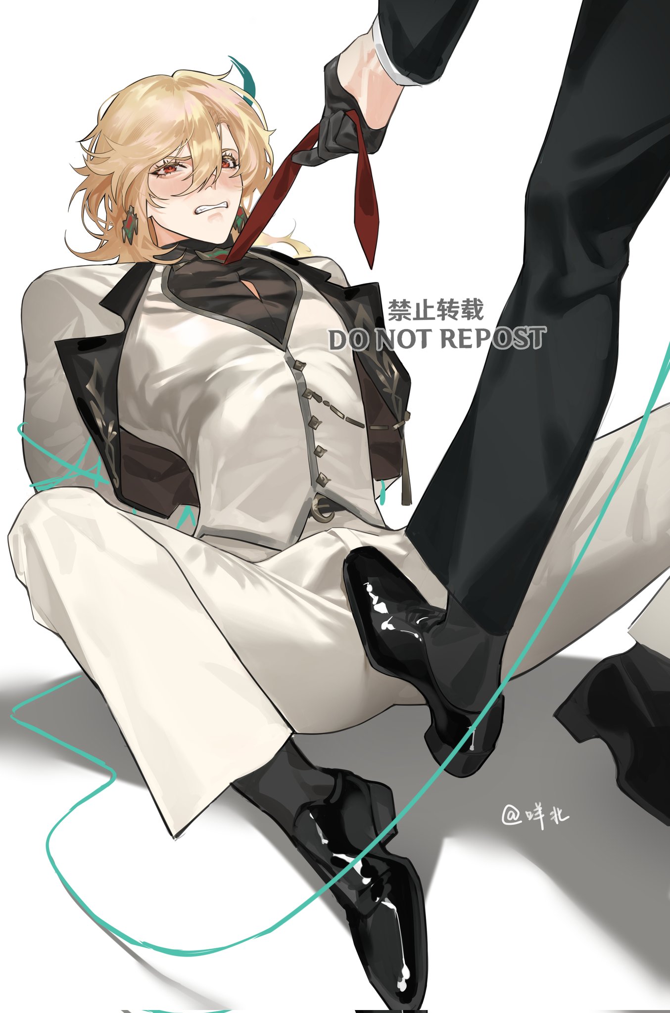 the image is a digital fanart depicting a male anime character with long blond hair, wearing a white suit and black shoes. he is being playfully tied up by a tie held by an unseen person wearing a black suit. the character has a slightly amused and mischievous expression. the art style is elegant and stylish, with detailed rendering of clothing and hair. the background is simple and white, focusing attention on the character.  the image includes text that reads "禁止转载" which translates to "do not repost" in chinese.