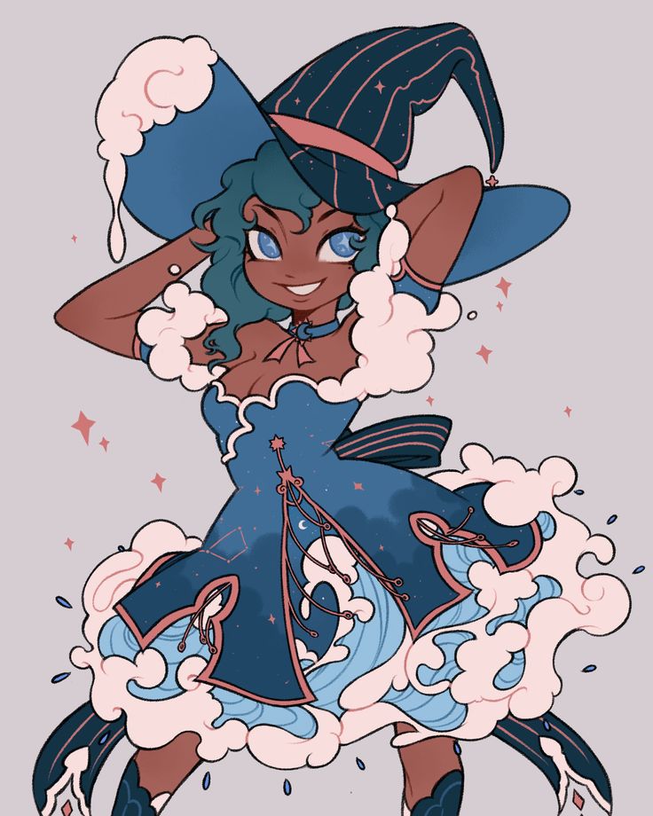 a cute witch with dark skin, green hair, and blue eyes. she is wearing a blue and pink dress with stars and clouds on it. she is also wearing a blue and pink hat. she is smiling and looks very happy.