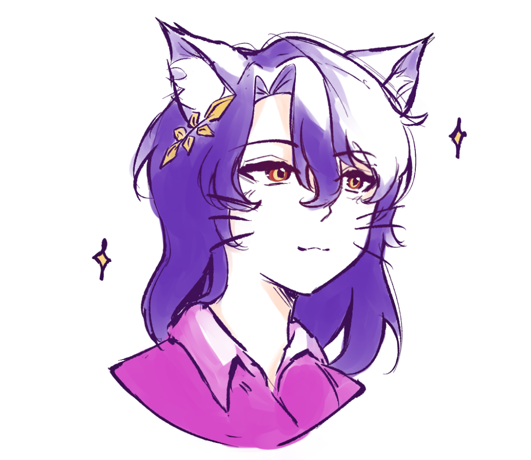 a digital drawing of an animestyle catgirl with purple hair, cat ears, and a gentle smile. she wears a magentacolored shirt. two yellow sparkles are on the sides of her image.