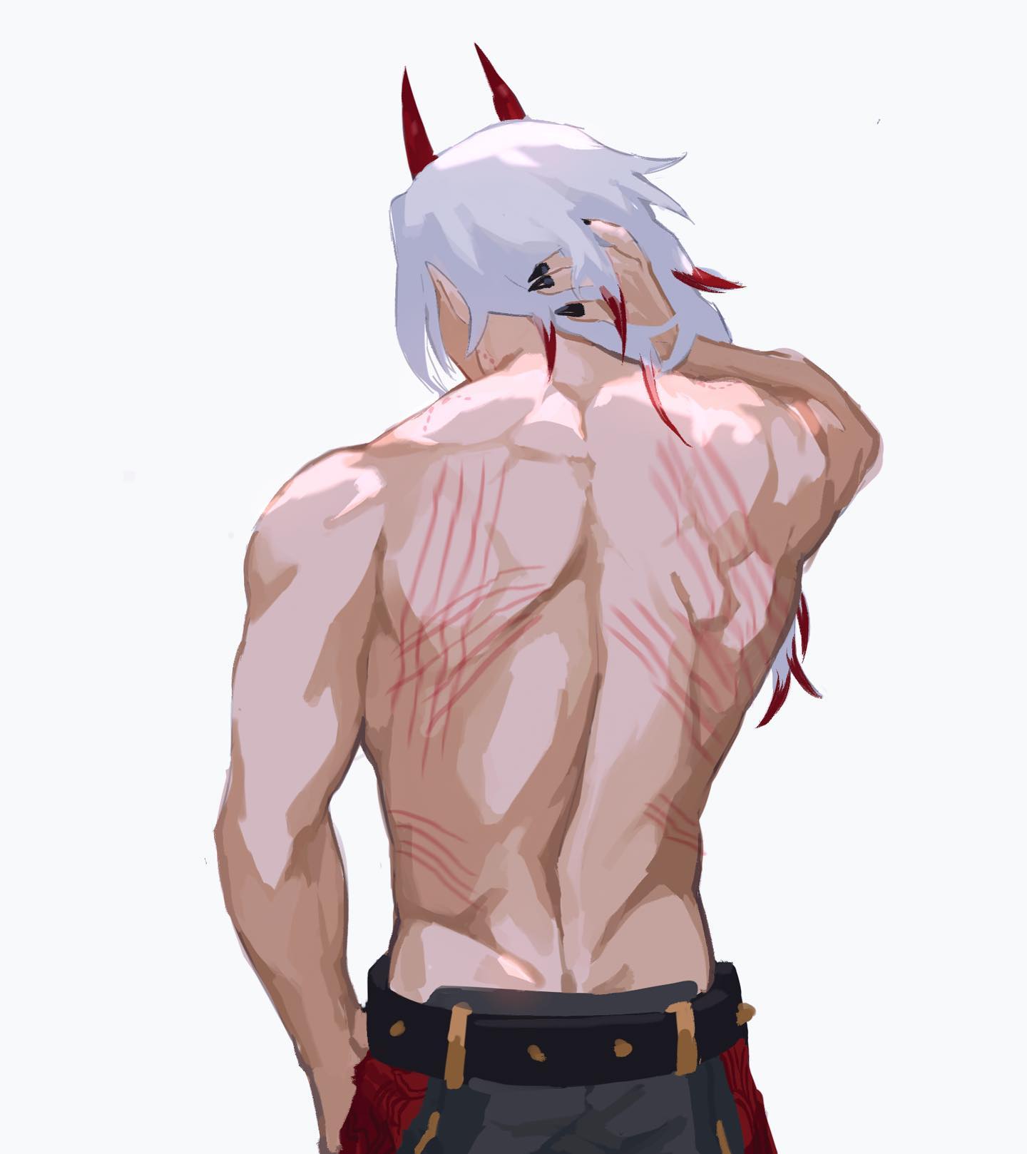 the image is a digital fanart depicting the back of a muscular animestyle male character. he has long white hair, prominent red horns, and numerous thin, red scars across his back, suggesting recent or ongoing trauma. he's wearing a darkcolored kiltlike garment with a decorative belt and seems to be touching his hair. the overall style is painterly and emotionally evocative, hinting at a narrative of suffering or hardship.  the lighting and coloring accentuate the character's physique and the detail of his injuries.