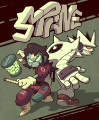 two characters from the game "strive" are stylized with sharp edges and placed on a black background. the graffiti style title is behind them as they are poised for battle. one character appears to be a human with green skin and red and white clothing while the other character is a white and gray robot or monster.