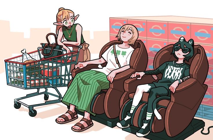 the illustration shows three characters in a store. one is an elf with pointy ears, holding onto a shopping cart filled with groceries.  another woman with short blonde hair is relaxing in a massage chair.  a third character with cat ears and sunglasses is also relaxing in a massage chair. they appear to be friends enjoying a shopping trip. the style is cartoonish and animeinfluenced with vibrant colors and exaggerated features. the setting seems to be a retail space with lockers in the background.