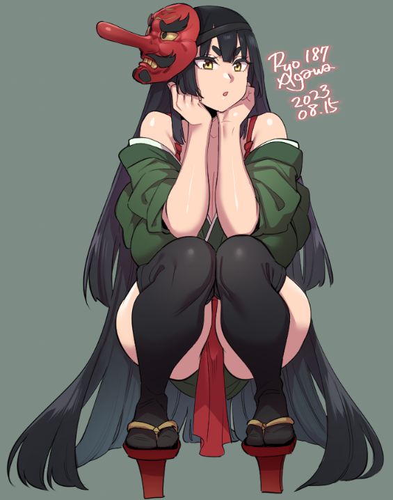 a digital illustration of an anime girl with long black hair, wearing a red mask and green jacket, sitting with her legs crossed and wearing traditional japanese clothing. she has a red skirt and is wearing black shoes. the background is a solid light green color. the illustration is signed "ryo 187 agowa 2023.08.15" in the upper right corner.