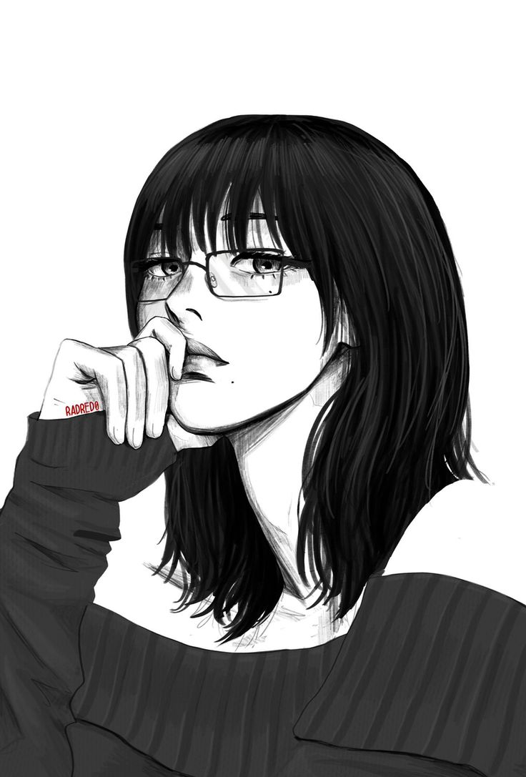 this is a black and white portrait drawing of a young woman with long black hair and glasses. she's wearing a black and white sweater and is looking away thoughtfully, with one hand resting on her chin.  the overall aesthetic is simple, cool, and elegant, with a hint of mystery.