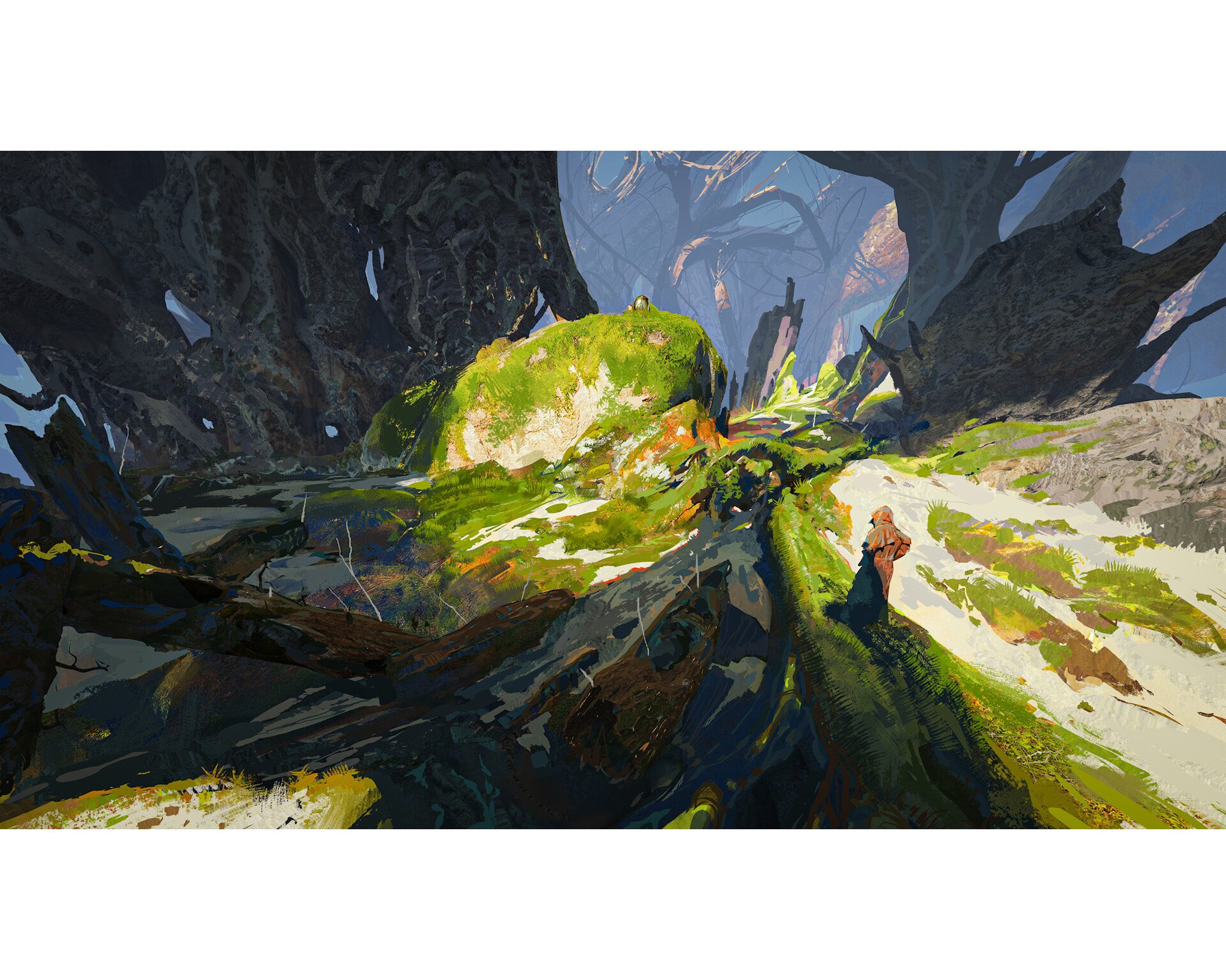 a lone traveler, cloaked in brown, stands on a sundrenched path winding through a fantastical forest of massive, ancient trees. the trees, seemingly petrified, twist and turn, their dark, textured surfaces contrasting with the vibrant green moss and grass covering the ground. sunlight filters through the branches, creating a play of light and shadow that highlights the rough textures of the scene. the overall atmosphere is one of wonder and mystery.