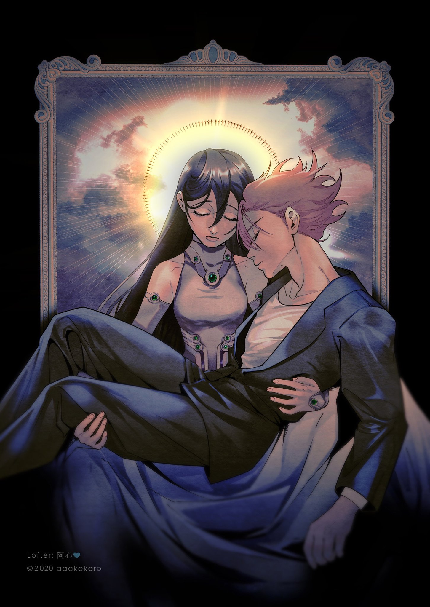 a stylized illustration depicts a young man in a dark suit cradling a young woman in his arms. the woman, with long black hair and a white futuristic outfit, appears lifeless, her eyes closed. the man, with pink hair and a sorrowful expression, holds her close. they are positioned within an ornate gold frame against a backdrop of a dramatic sunset with dark, swirling clouds. the lighting casts a halo effect around the couple, emphasizing the somber and perhaps spiritual tone of the scene.