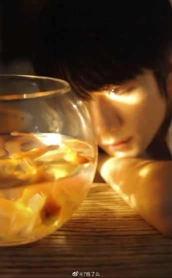 a young man with dark hair is gazing intently at a goldfish bowl illuminated by the warm glow of candlelight.  the shallow depth of field focuses our attention on the man and the fishbowl, creating an intimate and contemplative atmosphere.