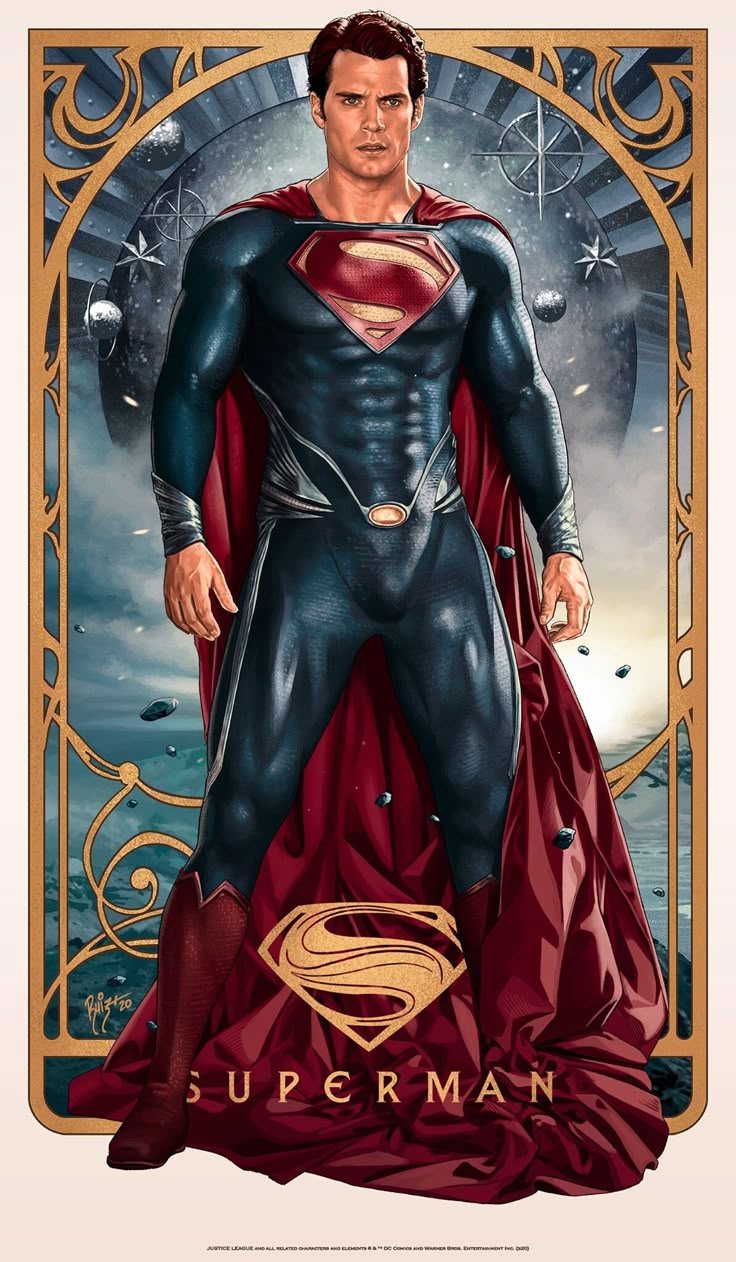 a fullbody portrait of superman, portrayed by henry cavill, standing with a serious expression and his cape draped around him. he is depicted in his iconic suit, with the "s" shield prominently displayed. the background is a celestial scene featuring planets, stars, and an abstract, clockworklike mechanism. the image is framed by an art decostyle border in gold and blue tones. at the bottom, the word "superman" is written below a stylized superman logo on his cape. the style resembles a vintage movie poster or comic book cover.