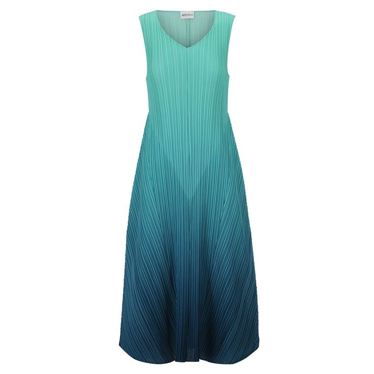 a blue and green ombre sleeveless midi dress with a vneck. it is pleated and has a casual summer style. the dress is made of a soft, flowy material.