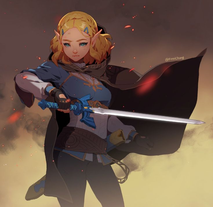 illustration of zelda from the legend of zelda series, holding the master sword in a defensive pose with a determined expression. she wears a blue tunic, black cape, and has blonde hair. the background is a fiery, smoky sky.