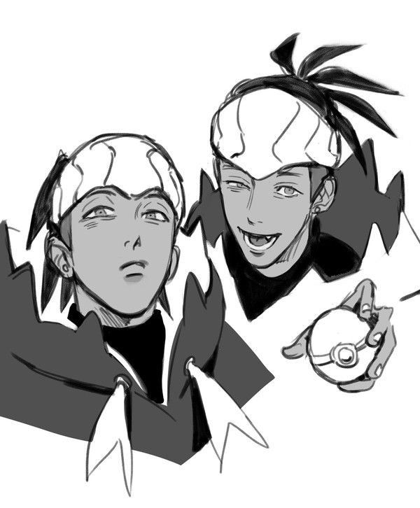 the image features a black and white sketch of two volo characters from the pokemon franchise. both characters are depicted with dark hair and distinctive headwear. the character on the right smirks and holds a poke ball, while the character on the left has a more neutral expression.