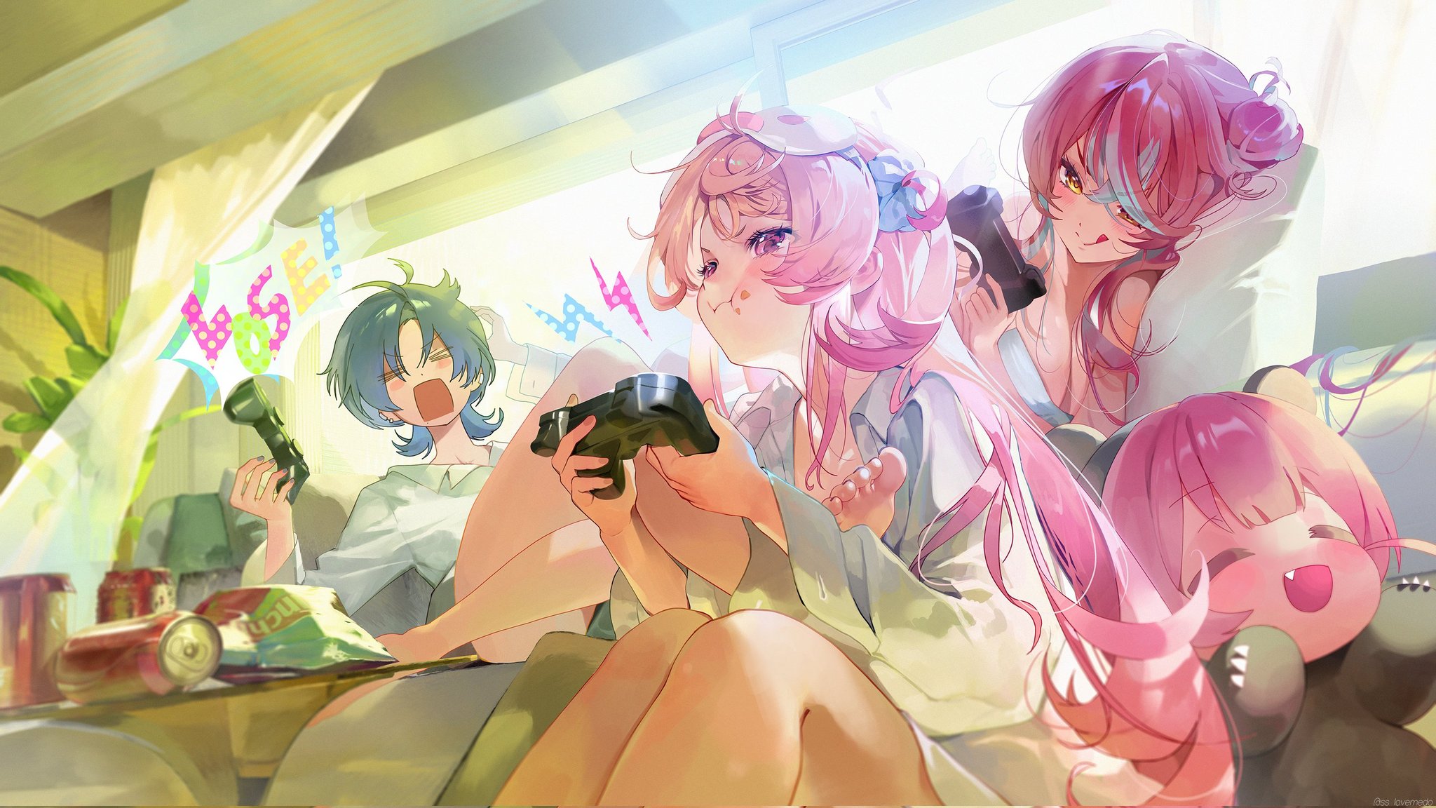 he image is a vibrant digital illustration of four animestyle girls enjoying a video game together in a brightly lit room.  three of the girls are prominently featured; one with long pink hair is holding a game controller, appearing focused on the game. another girl with bright pink hair holds a different controller, seemingly observing or participating in a different way.  a third girl with blue hair is excitedly reacting to the game, her mouth open in a shout. a fourth girl, partially obscured, lies near the others, seemingly also engrossed in the gaming session.  they are all dressed in casual pajamas and surrounded by snacks and drinks, suggesting a relaxed and fun atmosphere. the overall style is cheerful and dynamic, with soft pastel colours and a lively sense of movement. the light streaming in through the window adds a warm, inviting ambiance to the scene.