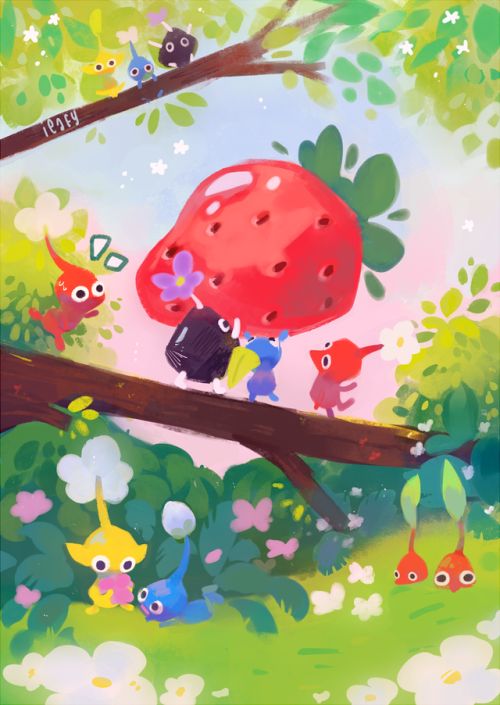 the image is a vibrant digital painting in a whimsical, fairytale style. it features numerous small, cute creatures resembling kirby and pikmin characters from popular nintendo games. they are interacting playfully in a lush forest setting, with a giant strawberry as a central focal point. some of the characters are carrying or looking at the enormous strawberry, while others are perched on branches of a tree, interacting amongst vibrant flowers and foliage.  the overall style is cheerful and childlike, with bright, saturated colors and soft brushstrokes.  the scene evokes a sense of magical wonder and fun.