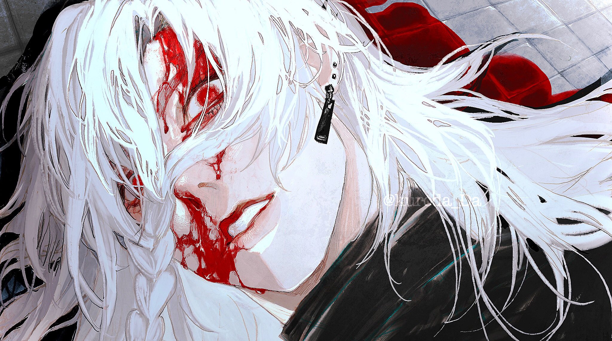 the image features a closeup illustration of a young man with long white hair and piercing red eyes.  his face and hair are streaked with blood, suggesting an injury. he wears a black earring and a black garment. the background suggests a tiled floor partially covered in blood.  despite the injuries, there's a slight, almost unsettling smile playing on his lips.