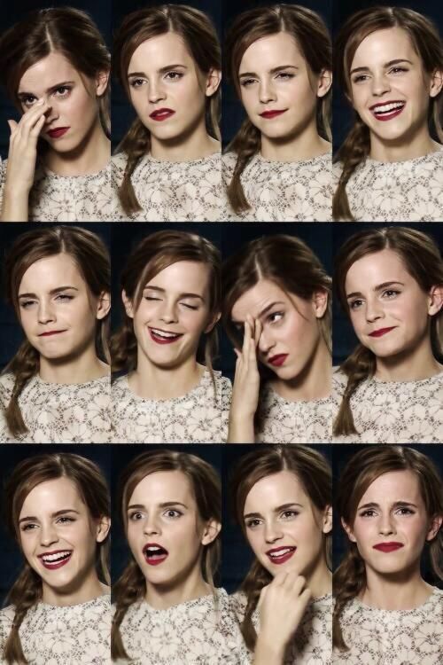 a collage of nine headshot photographs of emma watson in various expressions and poses, showcasing a range of emotions, from laughter and joy to surprise and sadness. each photo features watson with her hair in a braid, wearing a white lace dress.