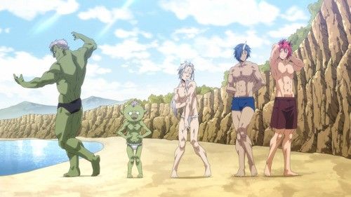 an image of a group of 5 cartoon figures standing on a beach. they are all shirtless and wearing various types of swim trunks. they are all smiling and looking at the camera. the scene is set on a beautiful beach with blue water, sand, and cliffs in the background.  the sky is blue with white clouds and the sun is shining. it is a bright and sunny day and the characters are all enjoying themselves.