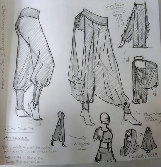the image shows sketches of clothing designs inspired by a desert theme. the designs include variations of harem pants, cloaks, and possibly a hijab. some notes suggest incorporating animal motifs, like snakes and scorpions, into the outfits. the sketches are dated 13/08/2019. it appears to be a concept design for female characters, with loose, draped clothing fitting a desert aesthetic.
