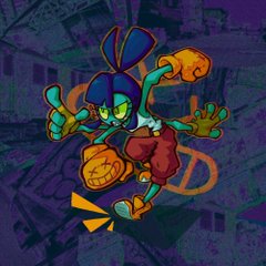 the image features a dynamic cartoon character with teal skin, large eyes, and exaggerated features, striking a playful pose against an abstract background. the background resembles a collage of comic book panels or graffiti art, with bold lines and vibrant colors. the character's design and the overall aesthetic evoke a sense of energy, playfulness, and urban cool.
