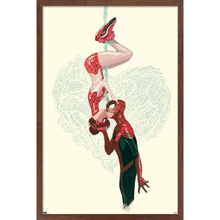 a framed poster featuring an illustration of spiderman and a woman in a red suit kissing. they are suspended in the air, surrounded by a weblike heart shape. the background is white with blue and white swirls.