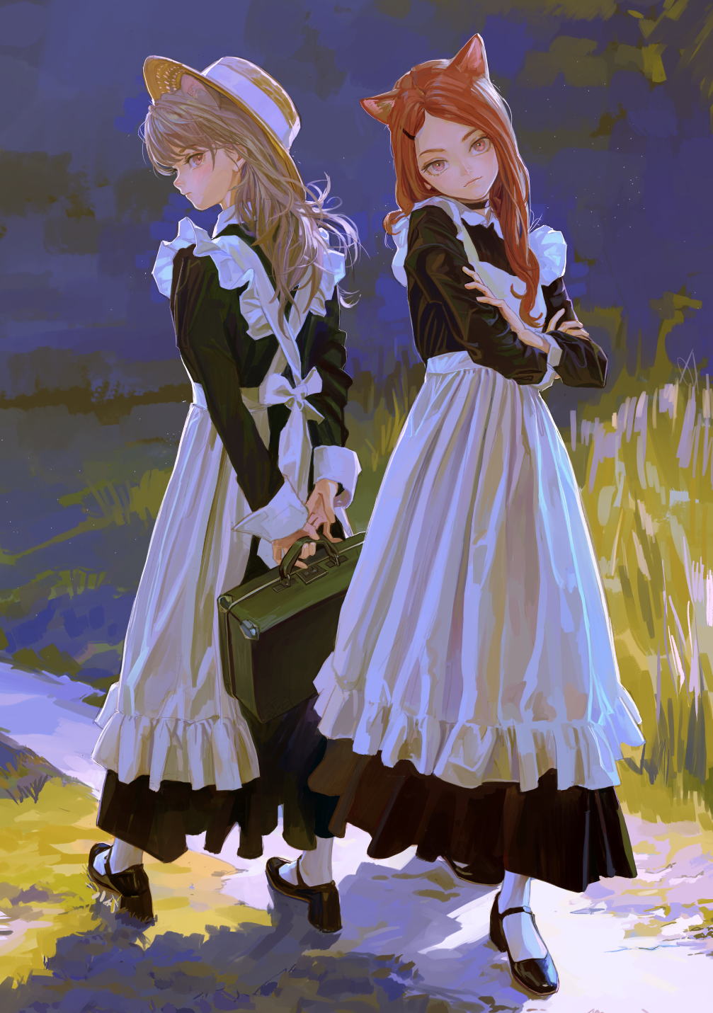 two anime women stand outside in what appears to be a field. both are wearing long maid outfits with white aprons over black dresses. the woman on the left is wearing a straw hat and carrying a green suitcase. the woman on the right has cat ears and her arms crossed.
