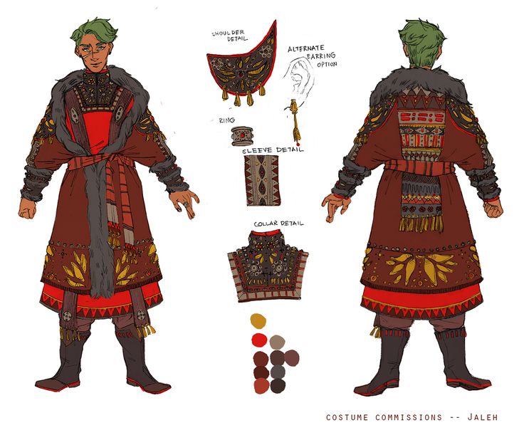 the image features a detailed character design illustration of a male character.  the design is for a costume commission from artist jaleh. the character is dressed in elaborate, patterned clothing with intricate details, including jewelry.  the artist has provided a separate key showing closeups of different details on the costume including the collar, shoulder, and sleeve. the image also includes a color palette for reference.  the character has green hair, a red shirt, a brown, patterned overtunic, brown pants, and boots.  the artwork is a digital illustration.