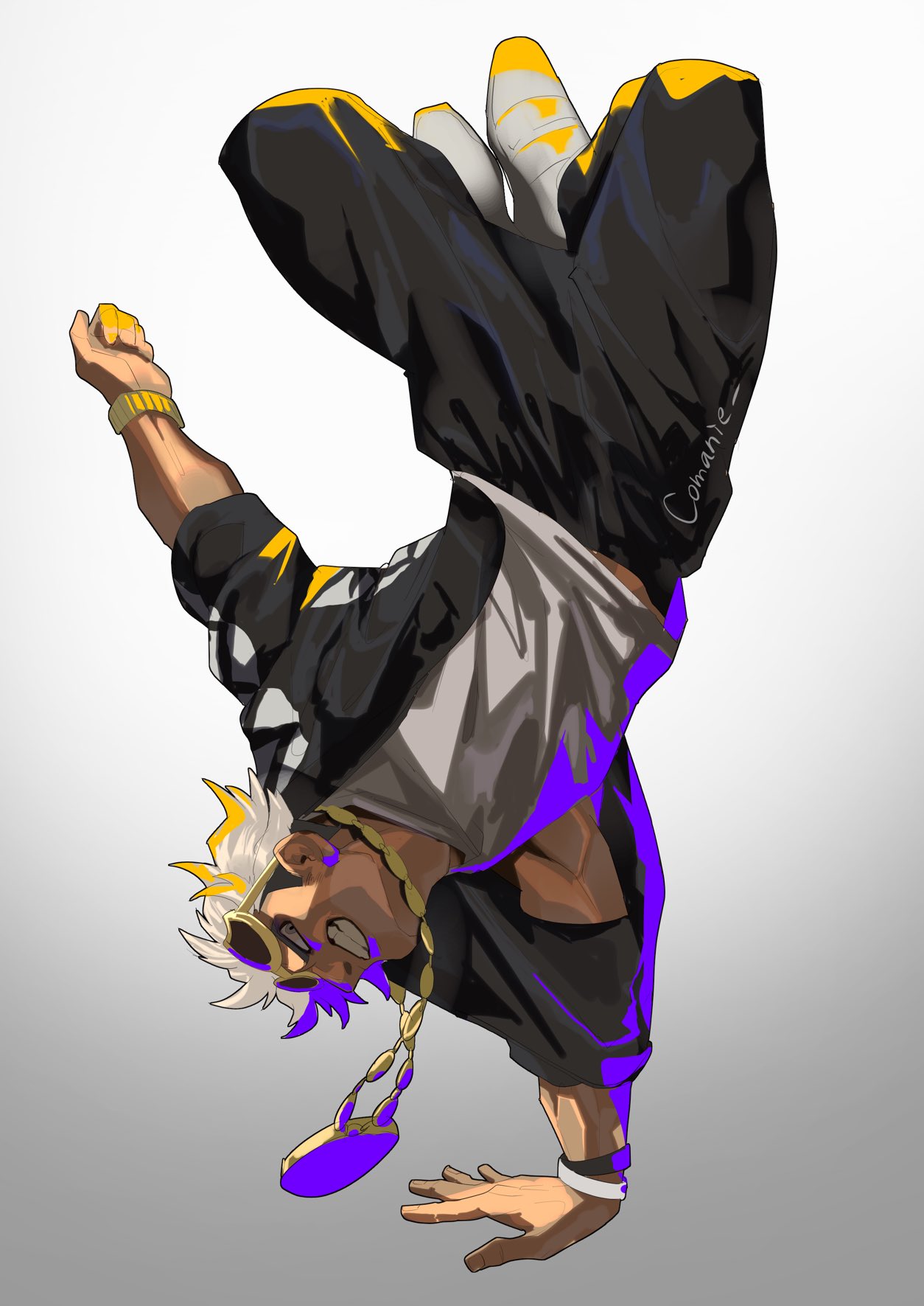 a stylized illustration of a young man breakdancing in midair. he sports a dynamic pose with energetic movement captured in his limbs and expression. the character has white hair with black highlights, wears a black and white outfit accented with gold jewelry and glasses, and is highlighted with vibrant purple lighting effects.  the background is minimal, emphasizing the dynamic figure.